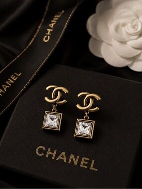 Gold and Crystal CC Drop Earrings